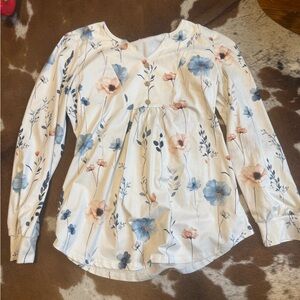 Floral Long-Sleeve Peplum Top in Cream with Blue & Pink Flowers